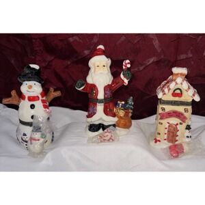 Vtg Christmas Porcelain Hinged Trinket Boxes Santa Snowman Gingerbread House 3pc
